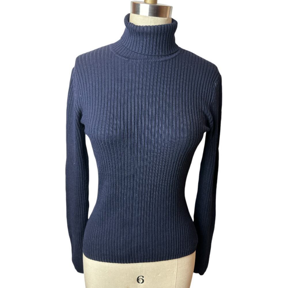 Due Per Due Navy Blue Silk Blend Rib Knit Turtleneck Sweater Women's Size S